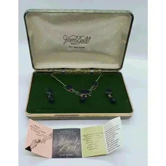 Vintage 12k Gold Filled Onyx Necklace Earrings Set Orig Box NOS Van Dell - Picture 5 of 15